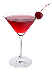 Martini cocktail with cherry in glass on white background