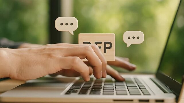 RFP request over laptop keyboard in office