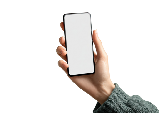 Hand holding smartphone with blank screen