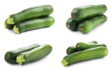 Fresh ripe zucchinis isolated on white, collage