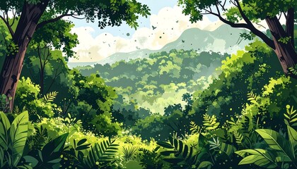 Lush green forest vista reveals a valley filled with vibrant foliage and towering trees.