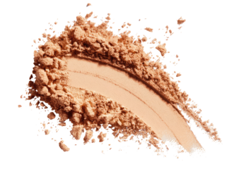 Light beige powder spills and swirls on a black background.  A swathe of loose powder is streaked in a curved path.  Texture is visible,  showing fragments and grains