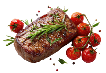 Grilled steak, garnished with fresh rosemary and cherry tomatoes
