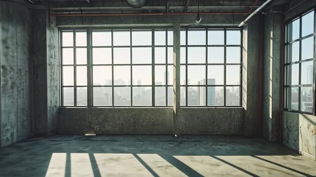 Empty modern building interior with city view