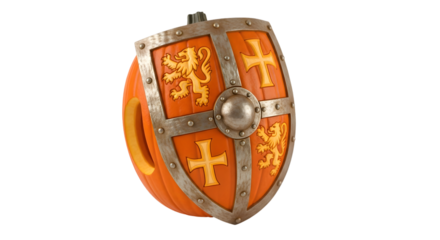 Unique pumpkin transformed into medieval knight's shield with lion and cross emblems