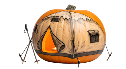 Creative pumpkin carved as a tent with candle, camping adventure theme, festive fall decor