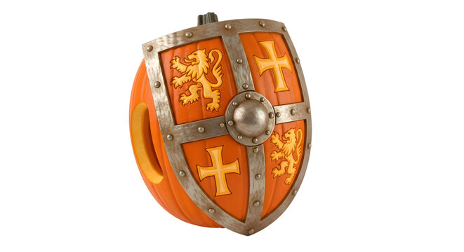 Unique pumpkin transformed into medieval knight's shield with lion and cross emblems