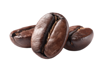 Close-up of three roasted coffee beans, rich brown tones, slightly overlapping