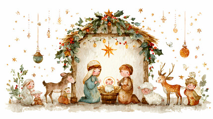 Naklejka premium A Beautiful Nativity Scene Illustration Featuring Baby Jesus, Mary, Joseph, and Animals