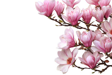 Delicate pink magnolia blossoms cluster on branches against a black background