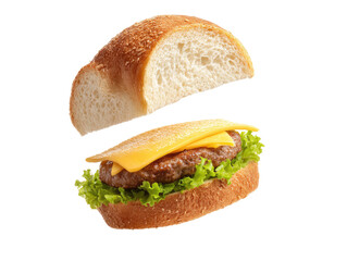 A halved hamburger, isolated, with a cheese patty, and lettuce