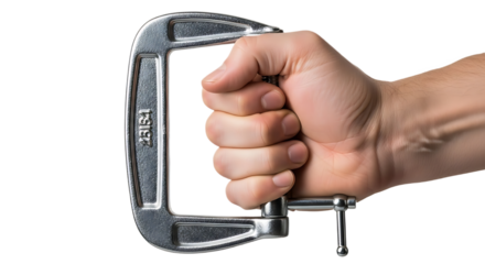 Human Hand Tightly Gripping a Chrome C-clamp Tool
