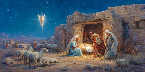 Fototapeta premium Biblical Nativity Scene Featuring the Holy Family with Shepherds and an Angel under Starry Sky