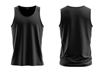 Front and back view of a black sleeveless top.  Sporty, simple design.  Flat lay, digital rendering