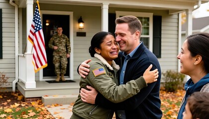 Reunited Military Families Emotional Embrace at Homecoming