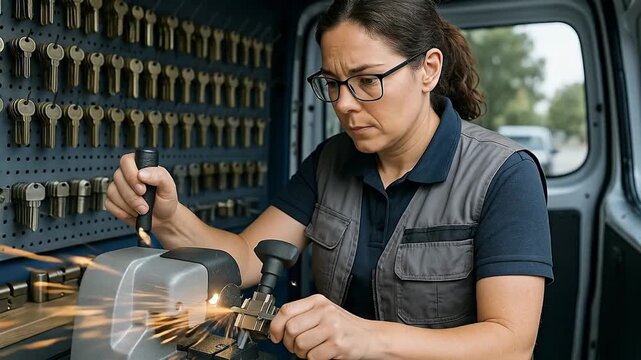 Professional Female Locksmith Cutting a Key with Sparks in a Mobile Workshop Van, Expertly Duplicating for Security and Access