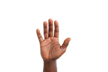 Dark-skinned hand raised in a stop or rejection gesture against a black background. Palm facing forward, fingers extended outwards
