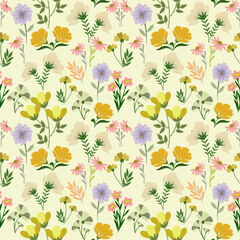Fototapeta premium Seamless floral pattern with flowers for wallpaper and fabric designHand drawn flowers, seamless patterns with floral for fabric, textiles, clothing, wrapping paper, cover, banner, interior decor