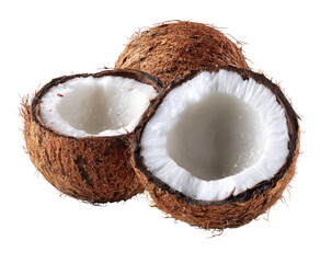 Two whole and halved coconuts, close-up, on black