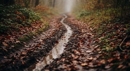Autumnal Forest Path with Puddle, Muddy Trail, Fallen Leaves, Nature Photography, Dark Moody Atmosphere