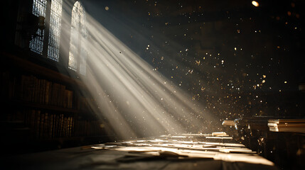 A dramatic, low-angle shot of sunbeams cutting through a quiet, dusty library, illuminating floating particles and highlighting the spines of books.
