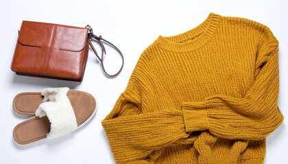 Flat lay of a mustard yellow knit sweater, brown leather purse, and fuzzy slippers on a white background. Simple composition with soft lighting