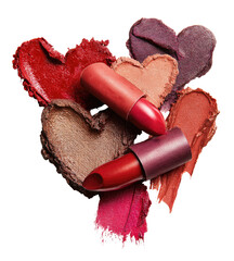 Lipstick swatches in heart shapes on a black background.  Various shades of red, pink, and mauve lipstick are visible, arranged in a cluster of overlapping heart-shaped smudges. 
