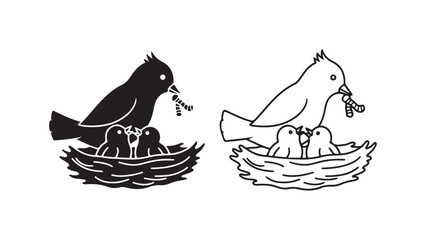 Parent bird feeding chicks in nest