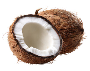 Two halves of a coconut, showing the white flesh inside
