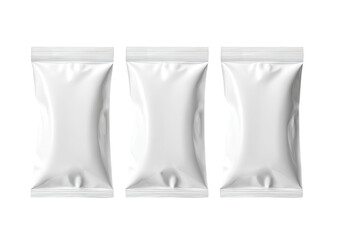 Three identical, white, flexible packaging pouches.  Each pouch has a slightly creased, or corrugated, surface texture.  The pouches are oriented vertically