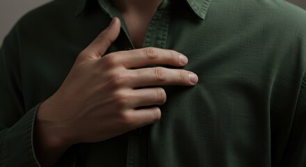 Closeup of a persons hand resting on a dark green collared shirt