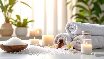 Serene spa scene featuring rolled white towels, lit candles, sea salt, and a small bottle in a light-filled, plant-accented, calming atmosphere