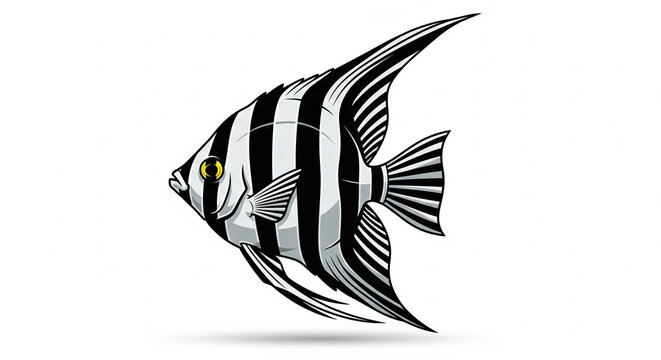 Elegant black and white striped angelfish swimming, an underwater creature on an isolated transparent background.