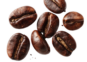 Roasted coffee beans scattered, close-up