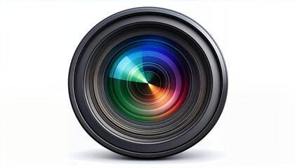 Close-up view of a camera lens with a vibrant, rainbow-colored reflection in its glass, set against a clean white background.