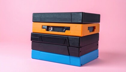 Stack of black, orange, and blue retro VHS tapes arranged against a soft pink background creates a nostalgic and simple composition