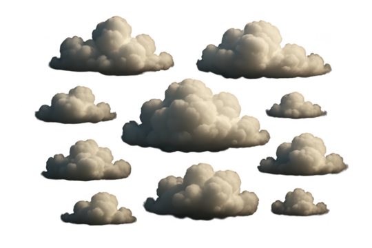 Collection of clouds in various sizes and shapes. 3d isolated illustration on transparent background