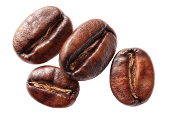 Close-up of four roasted coffee beans