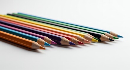 Naklejka premium Colored Pencils Arranged on White Background, Close-Up Shot, Art Supplies, Creative Tools, Rainbow Colors, Drawing, Stationery, Back to School, Education, Office Supplies