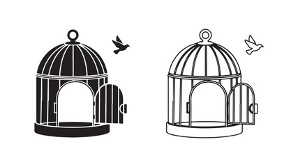 Open birdcage with flying bird, black and white