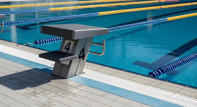 Ready to Dive: A pristine swimming pool sets the stage for athletic competition, showcasing clear blue water, marked lanes, and an inviting diving block, ready for the next swimmer to take the plunge. - Powered by Adobe
