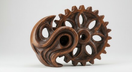 A meticulously carved wooden sculpture, featuring intricate gears and flowing, organic forms, displays a rich, warm brown tone.