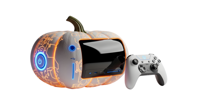 Futuristic pumpkin gaming console with controller, blending tech and autumn vibes for creative projects