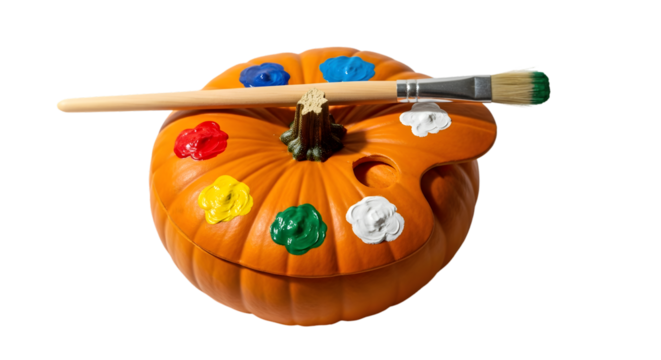 Creative pumpkin artist paints with vibrant colors on a wooden palette, inspiring Halloween art projects