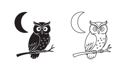 Owl perched on branch with crescent moon