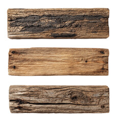 Three weathered wooden planks, stacked vertically.  Each plank exhibits varied textures and tones of brown and gray wood, showing signs of age and wear