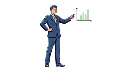 A businessman in a suit pointing to a bar graph demonstrating growth and success in a presentation.