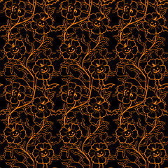 Elegant spooky Halloween floral seamless pattern. Features twisting vines, leaves, and flowers with jack-o'-lantern faces and hidden bats. Perfect for paper and fabric design.