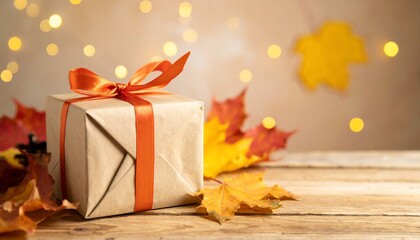Autumn Gift Box Wrapped with Orange Ribbon on Wooden Table with Bokeh Background.
