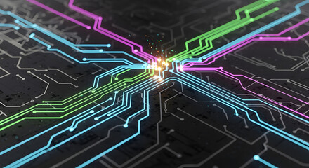 Circuit Board: A complex circuit board design with illuminated pathways of information, showcasing data flow and technological advancement.
